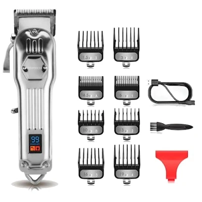 Imagen de PRITECH Cortar Pelo Profesional, Cortapelos Hombre y Recortadora de Barba (13Pcs/Inalámbrico/Recargable/USB/LCD Pantalla/2000mAh/4h), Recortador Kit para Familia, Peluqueros.