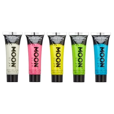 Imagen de Moon Glow Pintura para rostro y cuerpo que brilla en la oscuridad, 12 ml, fosforescente, carga brillar Set de 5