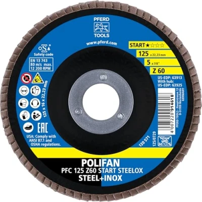 Imagen de PFERD 69300935 POLIFAN Z BOX 10 x Disco, Z60, perforación, para una Alta Potencia de Corte y sólida Vida Acero Inoxidable (INOX), Fächerscheibe 125 mm / 22,23 Bohrung
