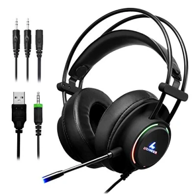 Imagen de LYCANDER Auriculares de diadema con luz LED y micrófono, cascos cable, entrada 3.5mm (para PC, PS4, Xbox One, Nintendo Switch más), Confort Negro/Arcoiris