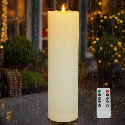 Imagen de Kimjo 10CM x 35CM Sin llama Grandes Velas LED Parpadeo de la al Aire Libre Resistente Agua Blanco Marfil con Función Temporizador Mando a Distancia 500+ Horas Batería
