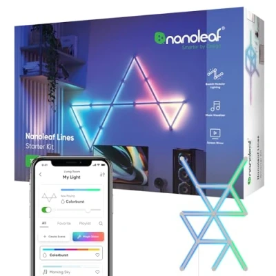 Imagen de Nanoleaf Lines Kit de Inicio 15 ángulo 60 Barras Luz Inteligentes Led RGBW Modulares, Apliques Pared Interior, Luces 16M Colores WiFi, Compatible Alexa Google Home, Decoración Habitación