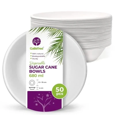 Imagen de 50 Cuencos Desechables Papel de caña azúcar 680 ml grandes. Vajilla desechable Biodegradable extrafuerte Color Blanco. para Fiestas y desayunos. bagazo