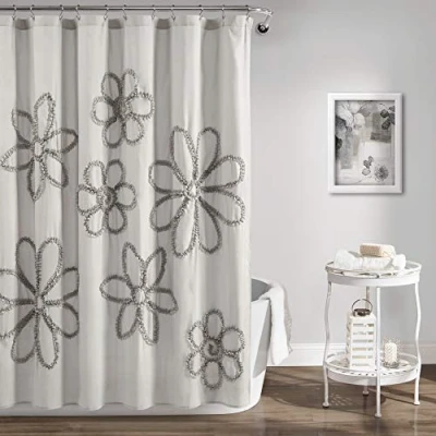 Imagen de Lush Decor Cortina de Ducha con Volantes Flores, 182.88 cm x cm, Gris Claro