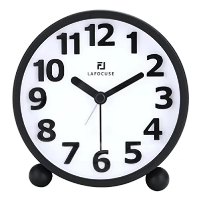 Imagen de Lafocuse Reloj Despertador Analógico Silencioso con Función Snooze, Metal Negro Numeros Grandes 3D luz Nocturna, de Mesa Moderno para Mesilla Dormitorio 10.5cm