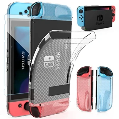 Imagen de HEYSTOP Carcasa Compatible con Nintendo Switch Protector de Pantalla, Funda Pantalla Vidrio Templado 6 Asas, Cubre el Pulgar y Absorbe Golpes arañazos