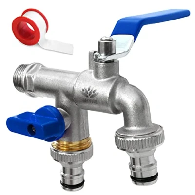 Imagen de SHYNE Grifo Doble de Calidad Latón 3/4 &#039;&#039; Pulgada Resistente al Óxido y las Heladas + 2 Conexiones Manguera E Book Para Jardín, Lavadora, Barril lluvia (2 Piezas)