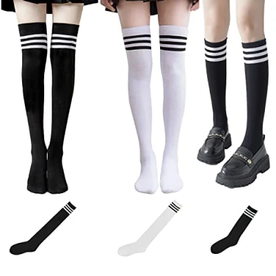 Imagen de 2 pares de calcetines por encima la rodilla, con 1 par pantorrilla, a rayas para mujer, elásticos algodón tubo alto, accesorios juego rol