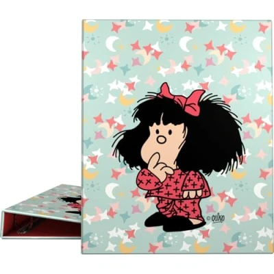Imagen de Grafoplas Carpeta de Anillas Mafalda Pijama A4, 4 Mixtas 25mm, Suave al Tacto, Certificado FSC, Tapas Duras, Plastificado Soft, Perfecto Material Escolar