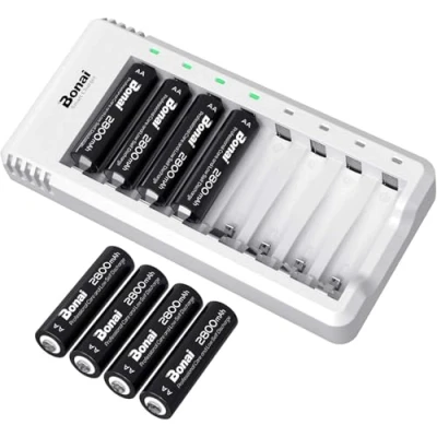 Imagen de BONAI Cargador Pilas Recargables AA y AAA Inteligente LED 8 Ranuras Independiente Carga Rápida USB con Unidades de 2800mAh Ni MH