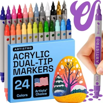Imagen de Artistro Rotuladores de pintura acrílica, marcadores acrílicos doble punta, para tela, lienzo, piedra, vidrio, madera, papel (doble punta + pincel, 24).