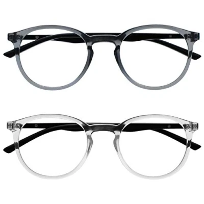 Imagen de OPULIZE Met Gafas de Lectura Pack 2 Montura Redonda Gris Transparente Negro Resistente a Arañazos Bisagras Muelle Ordenador Gaming Antirreflejante Hombre Mujer RR60 7C +3.50