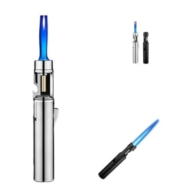 Imagen de 2025 New Portable Adjustable Refillable Butane Jet Lighter,Airbrush Windproof Lighter, 360 Degree Rotating Ignition Comes Flame Size,with A Built in Bottle Opener(Silver,1pc)