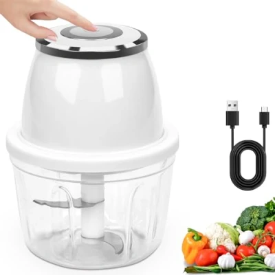 Imagen de Picadora Electrica 350ml, de Carne, Mini Batidora Portatil con 3 Cuchillas para Verduras Carne Hierbas Cebolla Fruta Blanco, USB Recargable