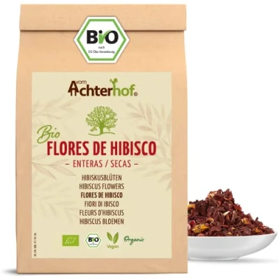Imagen de Flores de hibisco orgánicas enteras secas 250g sabor ligeramente ácido afrutado té dulce aromático ideal para ensaladas, postres, joguhrts vom Achterhof