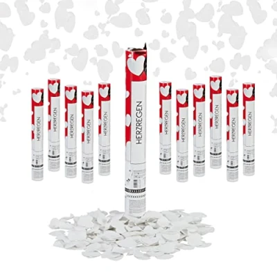Imagen de Relaxdays Cañón Confeti, Set de 12, 40 cm, Disparador Confetti Corazones, Altura Efecto 6 8 m, Plástico, Blanco, Papel