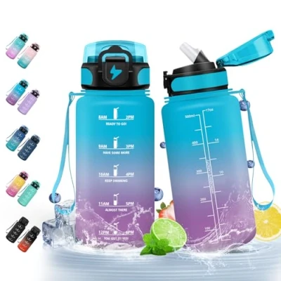 Imagen de HoneyHolly Botella Agua, 500 ml con Pajita, de Prueba Fugas, Agua Niños Colegio, Libre BPA, Cantimplora para Niños, Deporte, Running, Gimnasio, Bicicleta