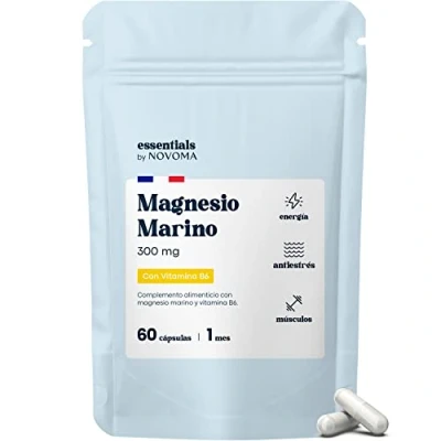 Imagen de Magnesio Marino + Vitamina B6, Reduce el Cansancio y la Fatiga, 60 Cápsulas Veganas para 1 Mes, Alta Dosis 300mg/día de Puro, Essentials by Novoma