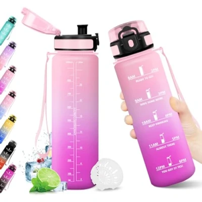 Imagen de Botella Agua 1L, con Marcador de Tiempo, Filtro Reutilizable, Motivacional sin BPA, Cantimplora Ideal para Cámping, Escuela, Gimnasio, Bicicleta, Running, Oficina