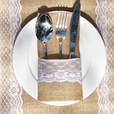 Imagen de Bodosac Awtlife Juego de 60 soportes para utensilios arpillera encaje cubiertos, cuchillos y tenedores boda vintage