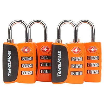 Imagen de Paquete de 4 Candados para Equipaje con Combinación 3 Dígitos Aprobado por la TSA e Indicador Alerta Apertura Maletas y Viaje (Naranja)