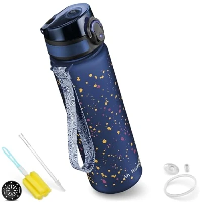 Imagen de My Vesperbox Minny Klecks Botella para niños a prueba de fugas, 500 ml, con pajita o colador, sin bisfenol A, guardería, escuela (azul, manchas, ml)