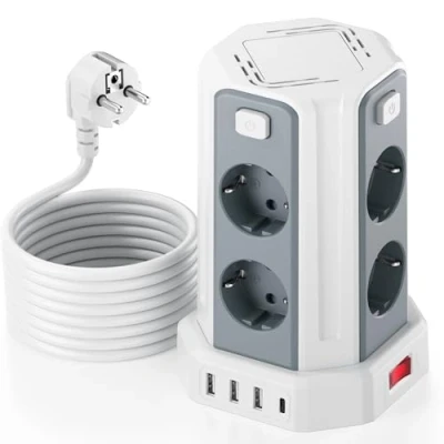 Imagen de 5M Torre Regletas Enchufes, Regleta USB 8 Tomas de AC Corrientes y 4 USB, 2500W/10A, Regreltas Vertical con Interruptor para Mesa, Oficia, Casa…