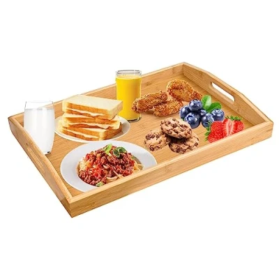 Imagen de QINERSAW Bandeja de Bambú para Servir, Rectangular con Asas, Servir Alimentos, Desayuno, Té, Café, Pan, 41x29x3.2CM