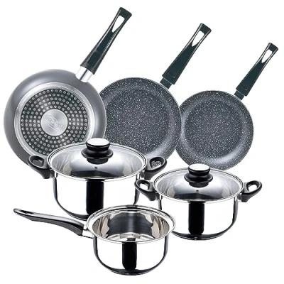 Imagen de Juego de batería cocina &quot;Palma&quot; 5pc en acero inoxidable + set 3 sartenes (16/20/24cm) aluminio prensado