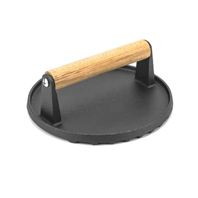 Imagen de QWORK® Prensa Para Hamburguesas Hierro Fundido, Mango De Madera, 17.5 cm