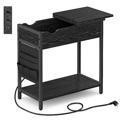 Imagen de VASAGLE Mesa Auxiliar con Multienchufe, Lateral Estrecha Puertos USB, Sacos, Mesita de Noche, para Salón, Dormitorio, Negro Veta Madera LET311B56