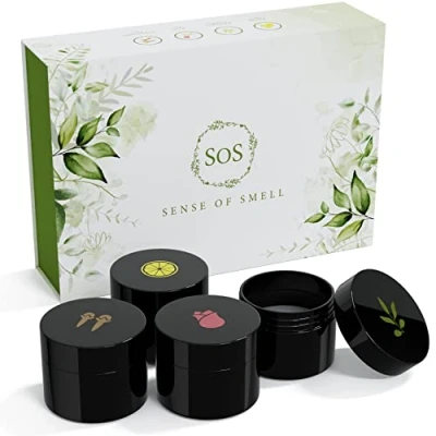 Imagen de SOS Set de Entrenamiento del olfato Vasos aromáticos Ayuda eficaz con la pérdida Aceites 100% Esenciales: Rosa, limón, eucalipto, Clavo Aprendiendo a oler Nuevo