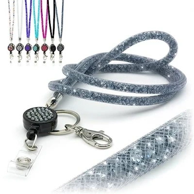 Imagen de CKB LTD Cordón Llaves Cuello, gris brillante con diamantes de imitación gemas cristal clip metal y retráctil para tarjetas identificación Cordones Insignia, 1 unidad