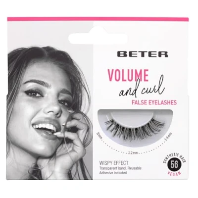 Imagen de Beter Pestañas postizas nº 56 Volume and curl, extensiones de pestañas, incluye pegamento, veganas y reutilizables, pelo sintético con banda transparente para acado natural, maquillaje ojos