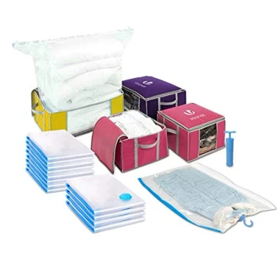 Imagen de VOUNOT 17 Bolsas de Almacenaje al Vacío &amp; 4 Bolsa Almacenamiento con Cremallera y Asas Bomba, para Guardar Ropa, Ropa Cama, Edredones, Almohadas, Mantas