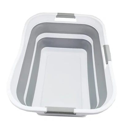 Imagen de SAMMART 42L Cesto de ropa plástico plegable Contenedor almacenamiento emergente Tina lavado portátil ahorro espacio (1, Blanco/Gris)
