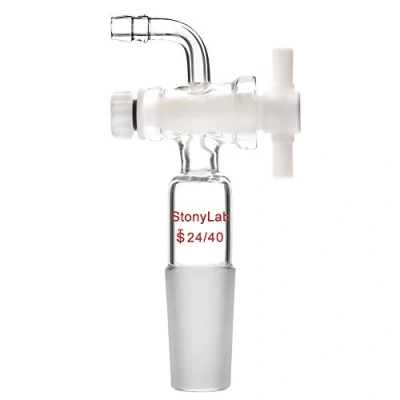 Imagen de stonylab Adaptador de Control Flujo Vacío con Llave Paso PTFE, Conexión Manguera Articulada y Doblada 24/40 para Suministro Laboratorio