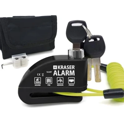 Imagen de KRASER 6Y Candado Moto Disco Alarma 110dB, Reforzado Impermeable, Cerradura Seguridad, Cable Recordatorio, Bolsa Transporte, Bloqueo Antirrobo Pinza Freno 6mm Universal Motocicleta Bicicleta Eléctrica