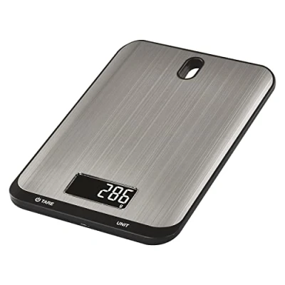 Imagen de EMOS Báscula digital de cocina con soporte pared acero inoxidable Peso máximo 10 kg, precisión hasta 1 g Función TARA, pantalla LCD, incluye pilas ajustable en g, ml, oz, lb,