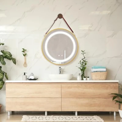 Imagen de pro.tec Espejo para Baño con LED y Correa Colgar en la Pared Redondo Interruptor Táctil 3 Opciones de Temperatura Luz Blanca Aluminio + Cristal 50 x 3,5 cm Dorado