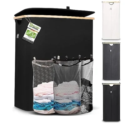 Imagen de HENNEZ Cesta Ropa Sucia con Tapa Plegable y Bolsas Extraíble 150 l Negro Cesto Estrecho Grande Bambú 3 Compartimentos para la Colada Laundry Basket