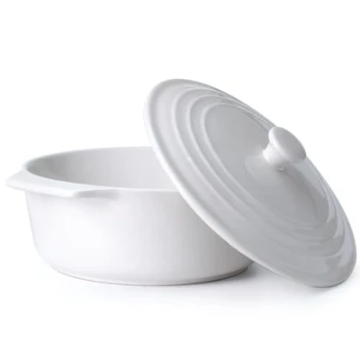 Imagen de cacerola redonda de cerámica con tapa, apta para horno, cubierta gres 23 cm, bandeja blanca hornear tapa