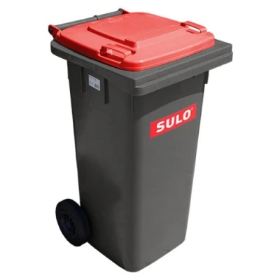 Imagen de Cubo de basura 2 ruedas, contenedor a SULO 120 L, gris con cubierto rojo (22159)