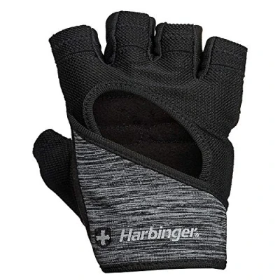 Imagen de Harbinger Flexfit Levantamiento de Pesas para Mujer, Cuero Lavado y seco, Malla elástica ventilada, Guantes Gimnasio, Negro/Gris Jaspeado, L