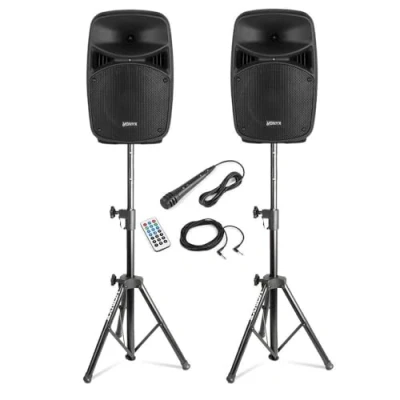 Imagen de Vonyx Sistema PA DJ con Altavoz Activo y pasivo, Bluetooth, USB SD, LED Azul, Control Eco, Soportes Regulables 67 115 cm, entradas AUX RCA, Cables incluidos Ideal para Fiestas Eventos