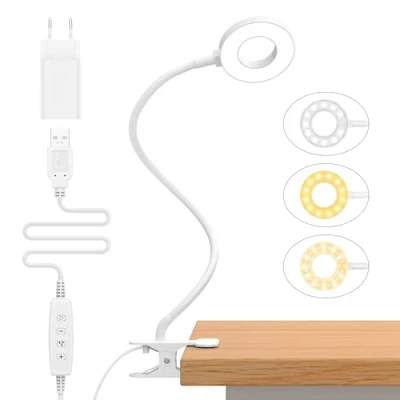 Imagen de iZELL 23 LED Luz Lectura con Clip [3 Colores y 10 Brillos] Flexo Escritorio Pinza, 40CM Lámpara de Mesa pare Estudio Trabajo Leer Lámparas Regulable Cuello Cisne Blanco