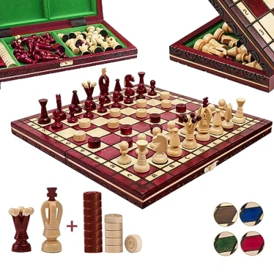 Imagen de Ajedrez de Viaje y Juego Damas Great Kingdom 2 en 1 Master of Chess Gigante 35cm Rouge Fichas Madera Escacs para Niños Adultos