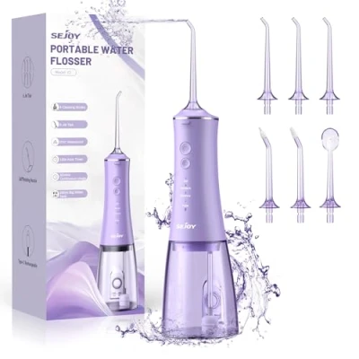 Imagen de Irrigador oral inalámbrico limpiador Dental eléctrico, Sejoy Water Flosser 5 modos y 6 boquillas USB C recargable agua IPX7 resistente al agua, tanque de 280 ml,