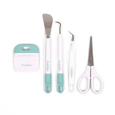 Imagen de Craftelier Set de 5 Herramientas Básicas para Diversos Materiales Scrapbooking y Manualidades como Vinilo Papel Tijeras, Espátula, Gancho, Raspador Pinzas Color Blanco Turquesa