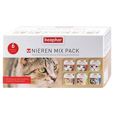 Imagen de beaphar Paquete Mixto de Dieta renal para Gatos Alimentos dietéticos Contenido reducido fósforo con valioso Aceite salmón Apoya la función gourmets 6 bandejas